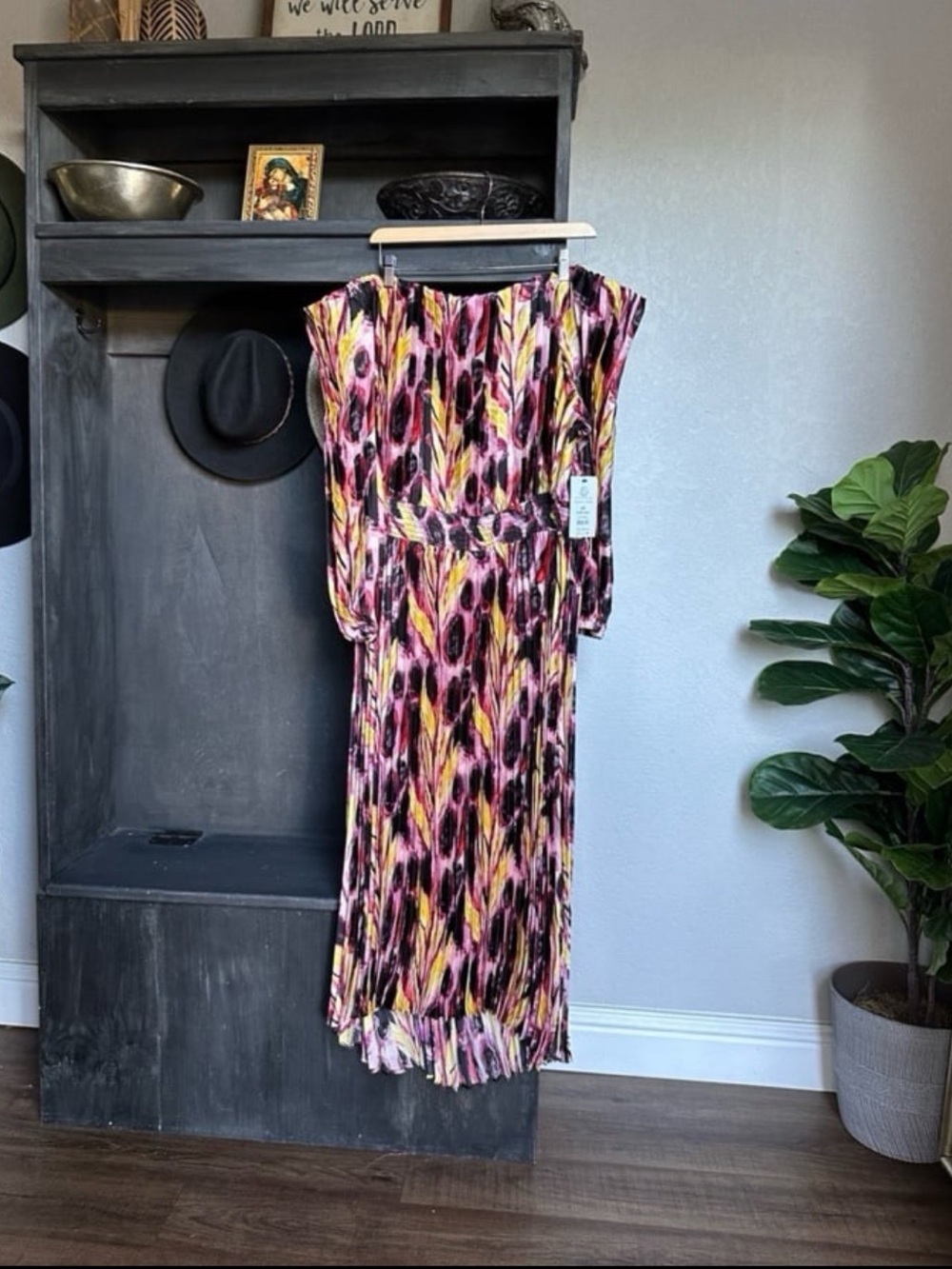 Womens Plus Size Midi Dress - Plisse / Pleated Long Sleeve Off The Shoulder 2X